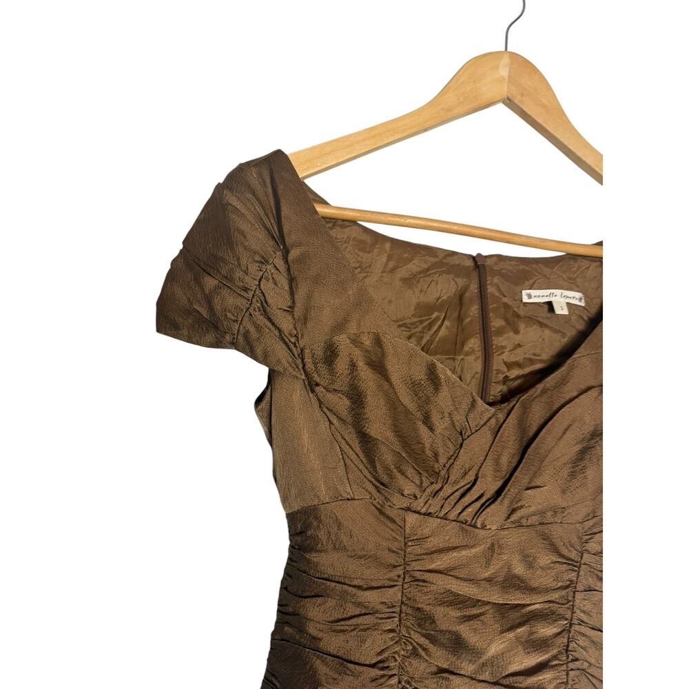 Nanette Lepore Bronze Brown Ruched Fitted Cap Sleeve Portrait V-Neck Silk Top 2 - Picture 2 of 6